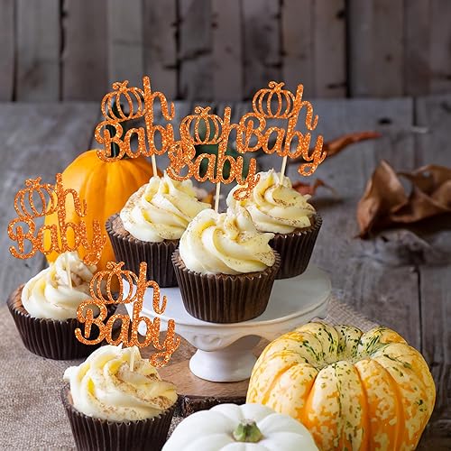 Miniatura 110 de Gyufise 24 piezas de calabaza Oh Baby Cupcake Toppers Glitter Baby Shower Calabaza Cupcake Picks Baby Feet Decoraciones para pasteles temáticos de A