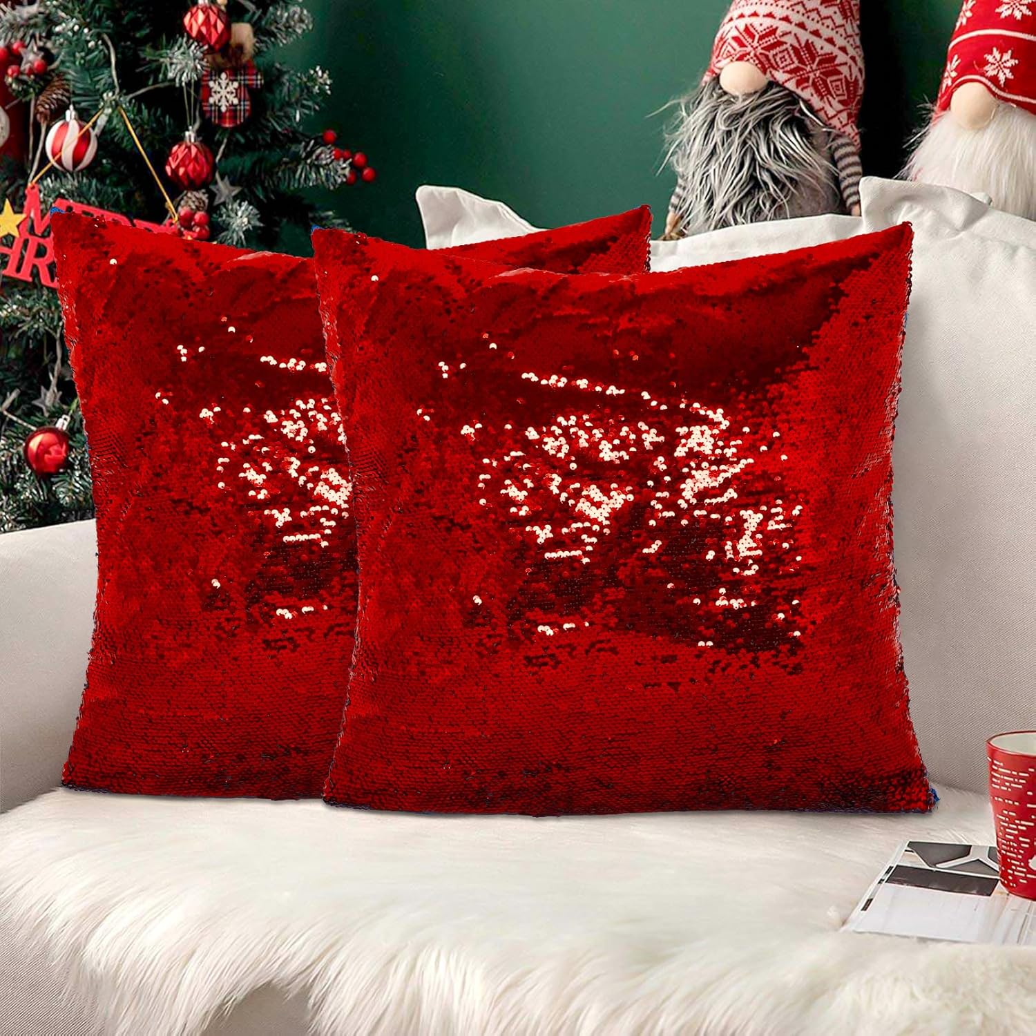 DUOBAO Set of 2 Sequin Pillow Covers 20x20 Inch Red to Silver Reversible Sparkly Cushion Cases for Home, Party, Sofa, Bedroom, and Living Room Decor Magic Color Changing