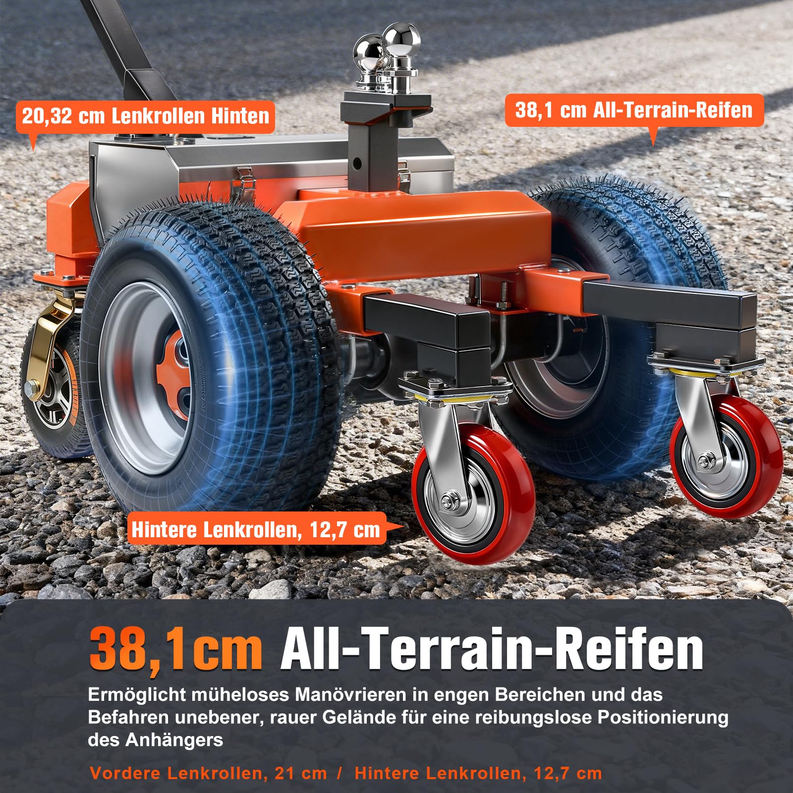 Elektrischer Anhänger Dolly mit 2 Kuppelkugeln(50mm&47.6mm), Elektrischer Trailer Mover MaxTraglast 3400kg mit Geländerädern, Höhenverstellbar, Vorwärts/Rückwärts/Bremsschalter für RV, Boot, Wohnmobil