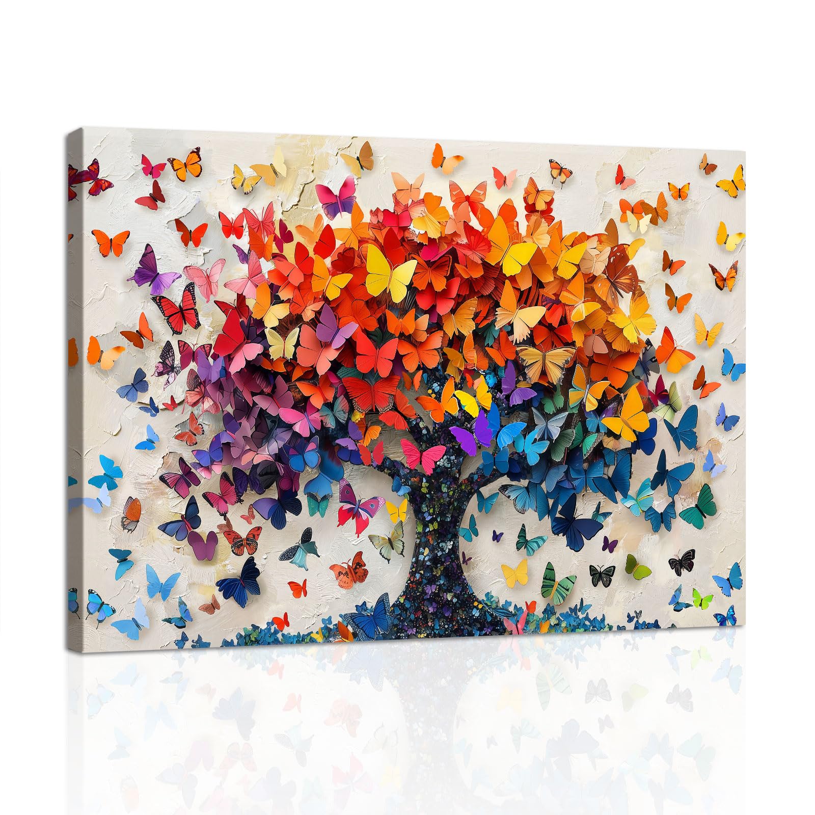 Colourful Butterfly Trees Framed Canvas Wall Art Prints, Abstract Orange Red Trees Wall Pictures Modern Abstract Tree of Life Canvas Painting Poster Home Decor for Bedroom Living Room Kitchen 40X60cm