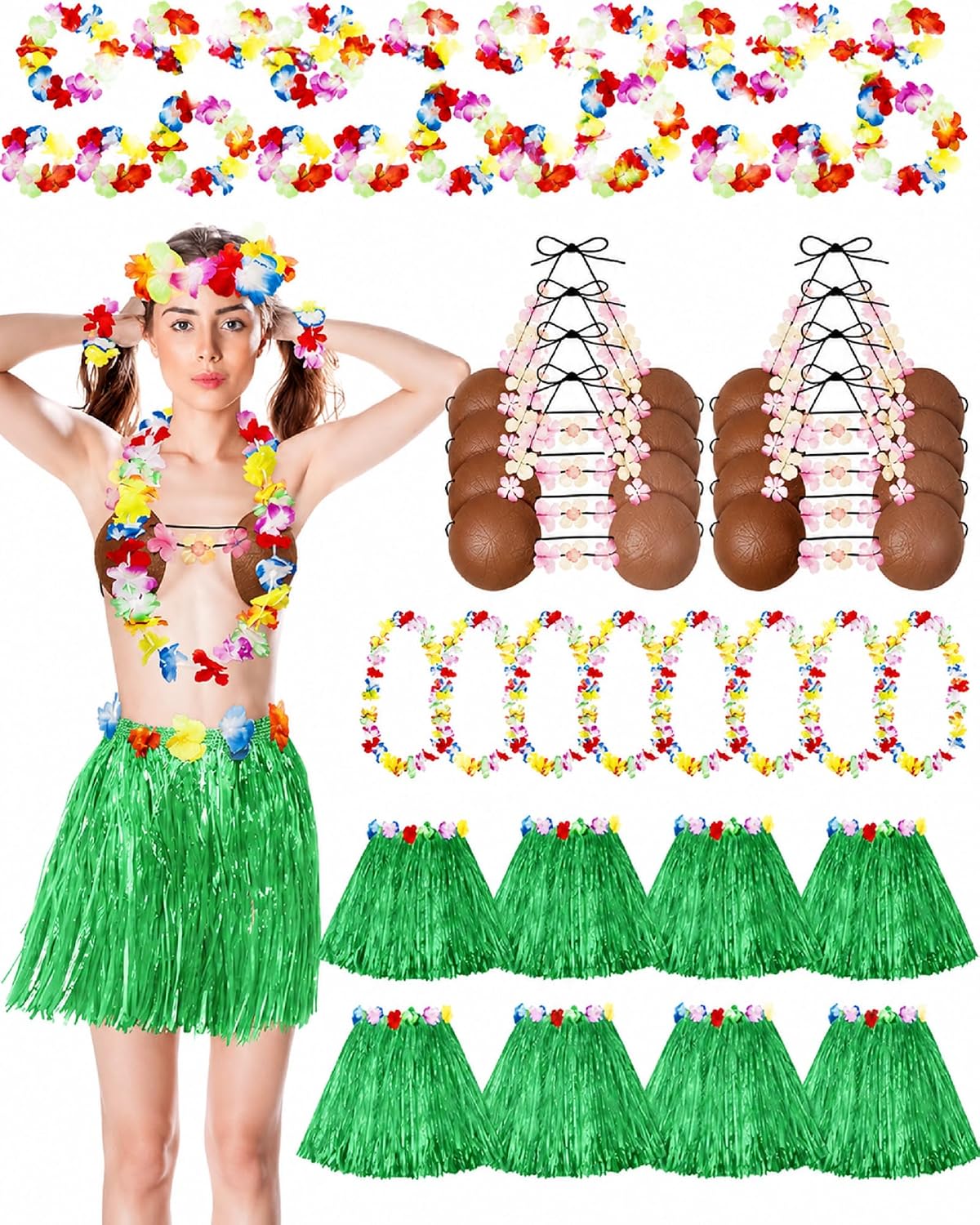 Janmercy 8 Sets Coconut Bra and Grass Skirt for Women, Hawaiian Luau Costume with Flower Lei, Tropical Party Supplies