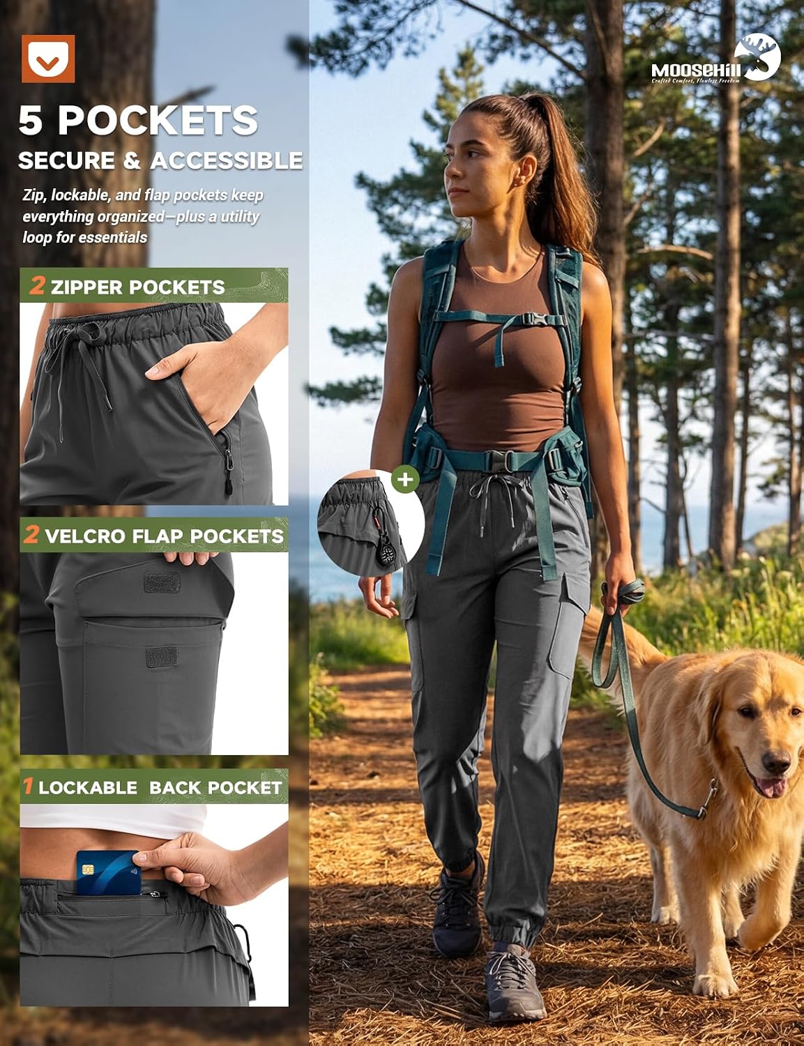 Moosehill Women's Hiking Pants Lightweight: Quick Dry Cargo Joggers Quiet No Swish Sound Secure Storage with 5 Zipper Pockets