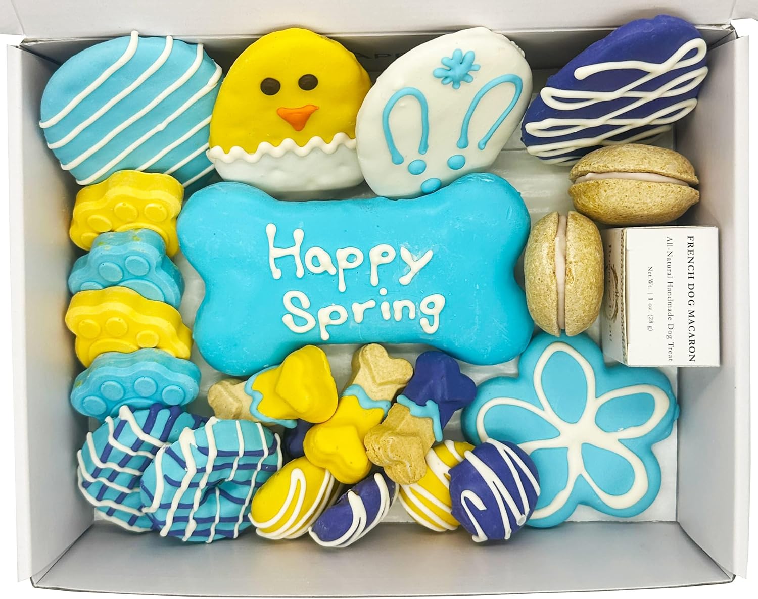 Bonne et Filou Easter Dog Treats Gift Basket Box Human Grade 22 Luxury Snacks with Dog Macarons, Truffles & Bone Cookies, Healthy and Delicious Mix for Medium to Large Dogs