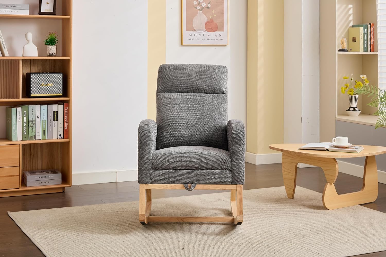 Nursery Rocking Chair, Modern Upholstered Glider Rocker with Retractable Footrest, Solid Wood Legs and Side Pocket, High Backrest Chairs for Living Room Baby Bedroom Offices, Dark Gray