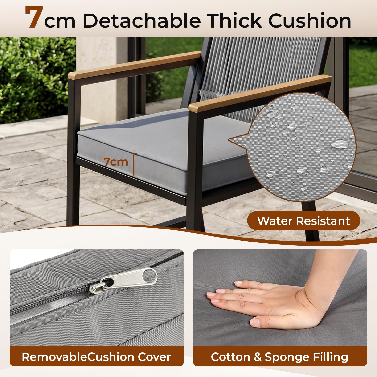 LIFERUN 3 teilig Gartenmöbel-Set aus Rattan, Gartenmöbelgruppe, 2 Gartenstuhl Rattan mit Tisch, Bis 160 kg, witterungsbeständig, WPC Armrest, Terrassenmöbelset, für Terrasse, Garten, Veranda, Grau