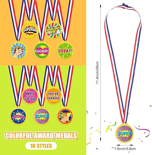 Miniatura 3 de Geyee 100 cintas y medallas de premios para el día de campo, ganador a granel, medallas de premio de plástico, medalla motivacional con cinta para