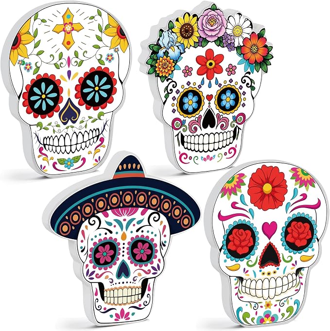 4 Pcs Day of the Dead Sugar Skull Decor Wooden Calaveras Mexicanas