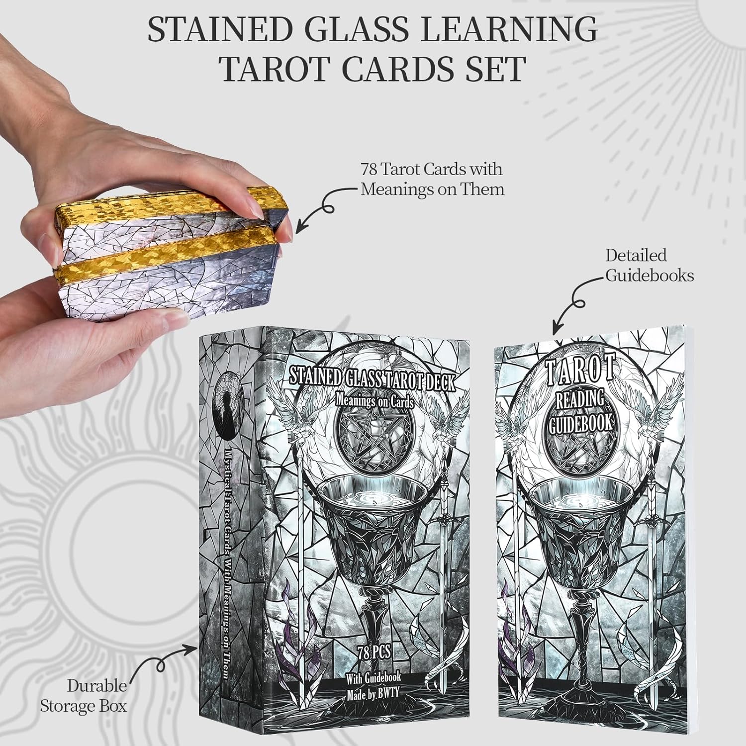 Black Stained Glass Tarot Cards for Beginners with Meanings on Them 400GSM Unique Thickness Gilded Learning Tarot Deck Set with Guide Book and Golden Edge on 78 Cards - Image 3