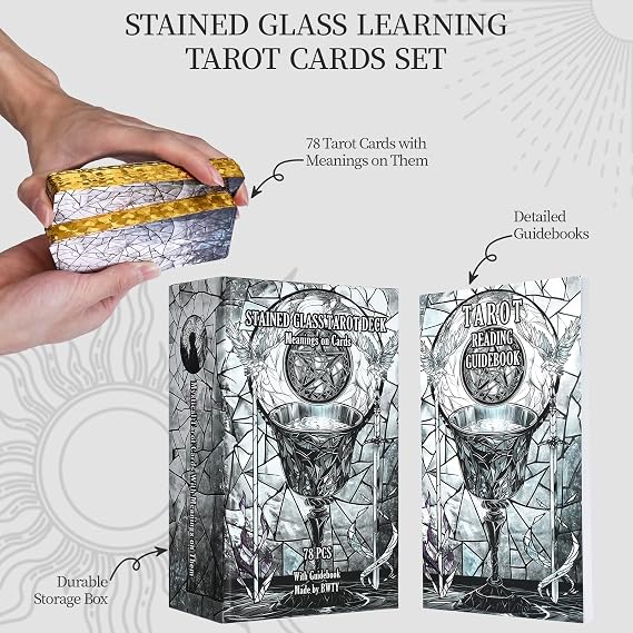 Black Stained Glass Tarot Cards for Beginners with Meanings on Them 400GSM Unique Thickness Gilded Learning Tarot Deck Set with Guide Book and Golden Edge on 78 Cards