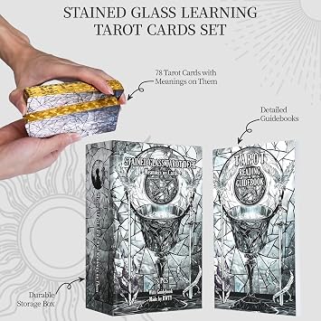 Black Stained Glass Tarot Cards for Beginners with Meanings on Them 400GSM Unique Thickness Gilded Learning Tarot Deck Set with Guide Book and Golden Edge on 78 Cards