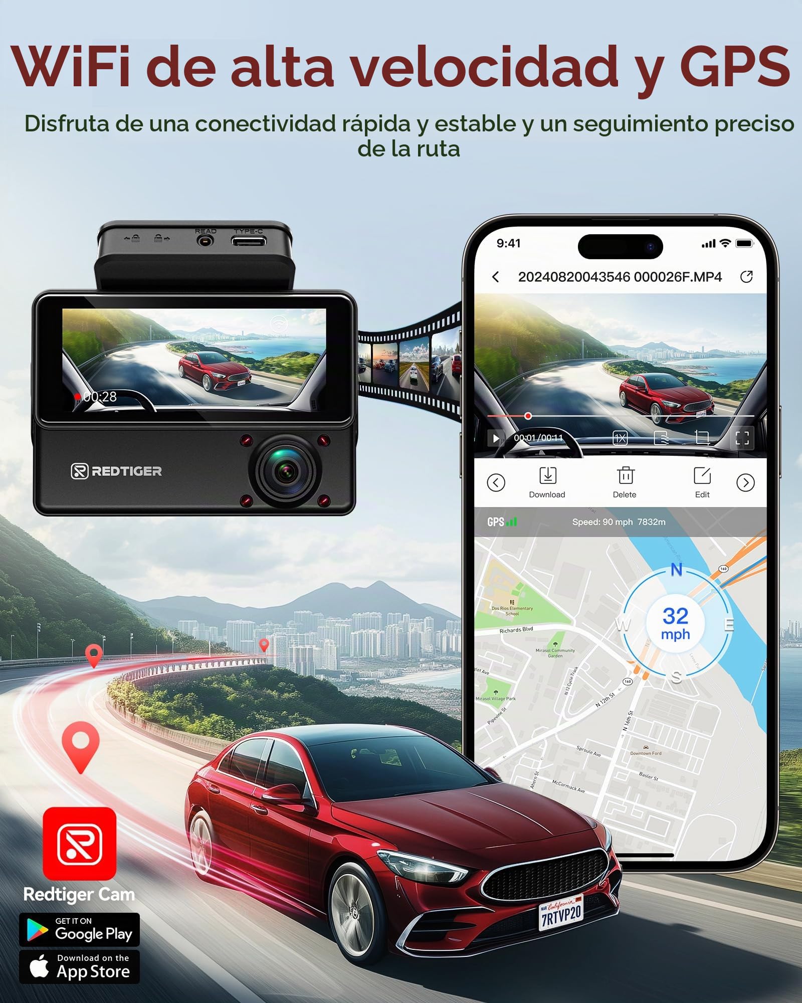 REDTIGER 530° 3 Canales Dashcam Coche 2.5K+2.5K+1080P con Tarjeta de 128 GB, Visión Nocturna IR, Pantalla Táctil,Camara Coche Interior Delantero y Trasero Incluido WiFi GPS, Modo Aparcamiento 24H
