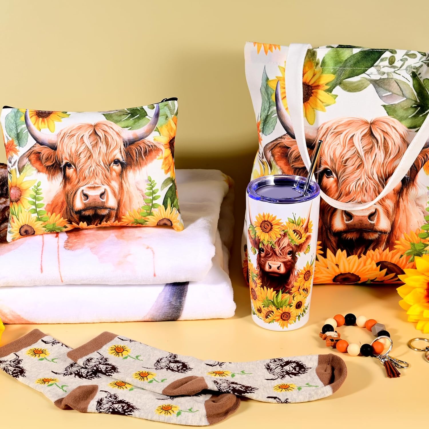 Highland Cow Gifts for Women, Highland Cow Themed Stuff with 60x50 Inch Throw Blanket 20 oz Stainless Steel Insulated Tumbler Christmas Birthday Present for Cows Lovers