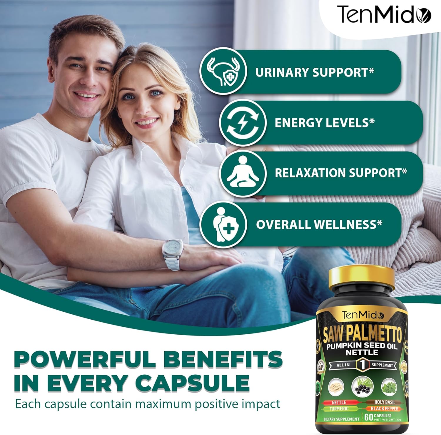 Saw Palmetto Supplement - 6in1 Blend with Pumpkin Seed Oil, Stinging Nettle, Turmeric, Holy Basil & Black Pepper - 60 Vegan & Non-GMO Capsules