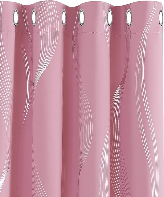 Deconovo Pink Curtains for Girls 46 x 54 Drop Curains Blackout Wave Line Foil Printed Blackout Curtains Thermal Curtains Eyelet Energy Efficiency Curtains for Bedroom 46 x 54 Inch Pink Two Panels