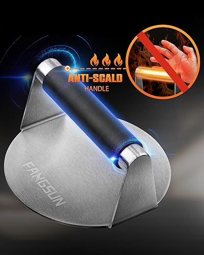 Miniatura 2 de FANGSUN Prensa de hamburguesas con mango antiquemaduras, triturador de hamburguesas de acero inoxidable de 5.8 pulgadas, prensa redonda