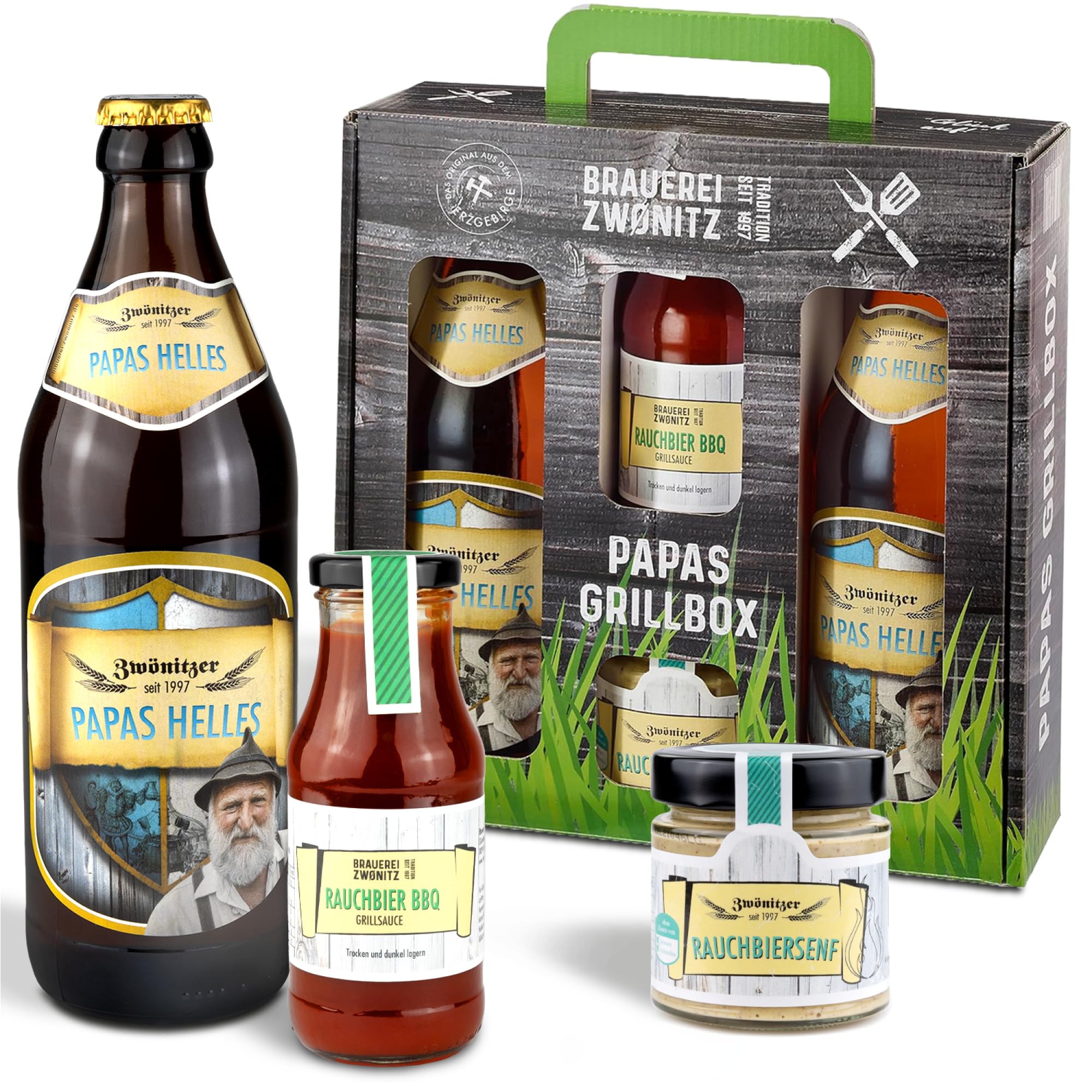 Brauerei Zwönitz – Papas Grillbox – Grill Set mit Bier, Senf & BBQ Sauce - BBQ Geschenkset - Grill Geschenke für Männer - BBQ Zubehör - Geschenke für Grillfans