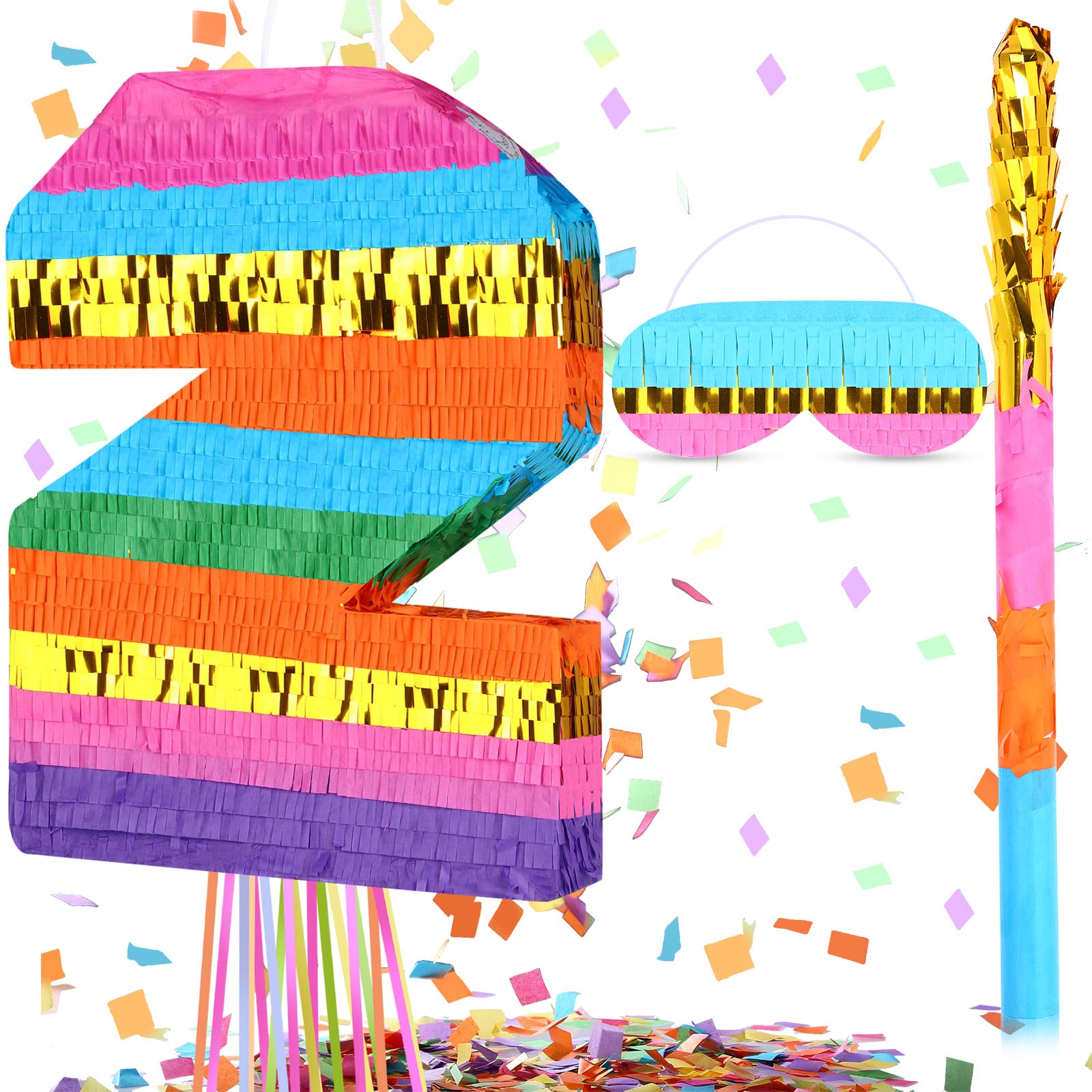Harrycle Rainbow Number Piñata for Birthday Foil Piñata with Blindfold Stick Confetti for Birthday Anniversary Tie Dye Groovy Party Supplies
