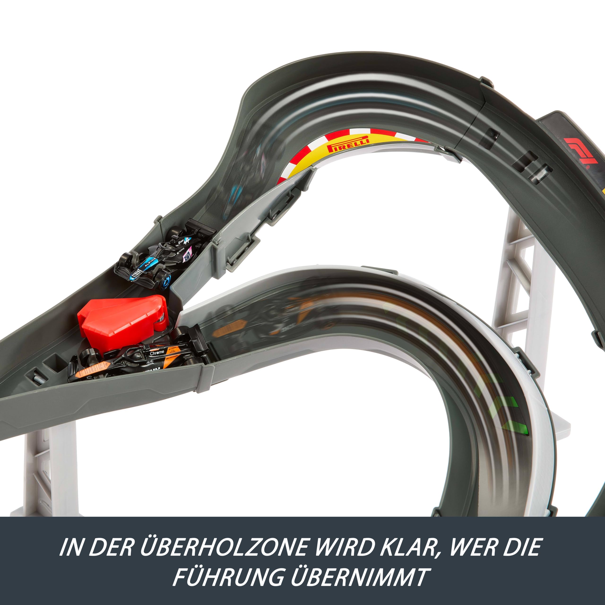 Hot Wheels Spielzeugauto-Trackset, 3 Formel 1 Die-Cast-Fahrzeuge im Maßstab 1:64: McLaren F1 Team, Alpine und VCARB, Rennstrecke für Seite-an-Seite-Wettrennen, JDY15