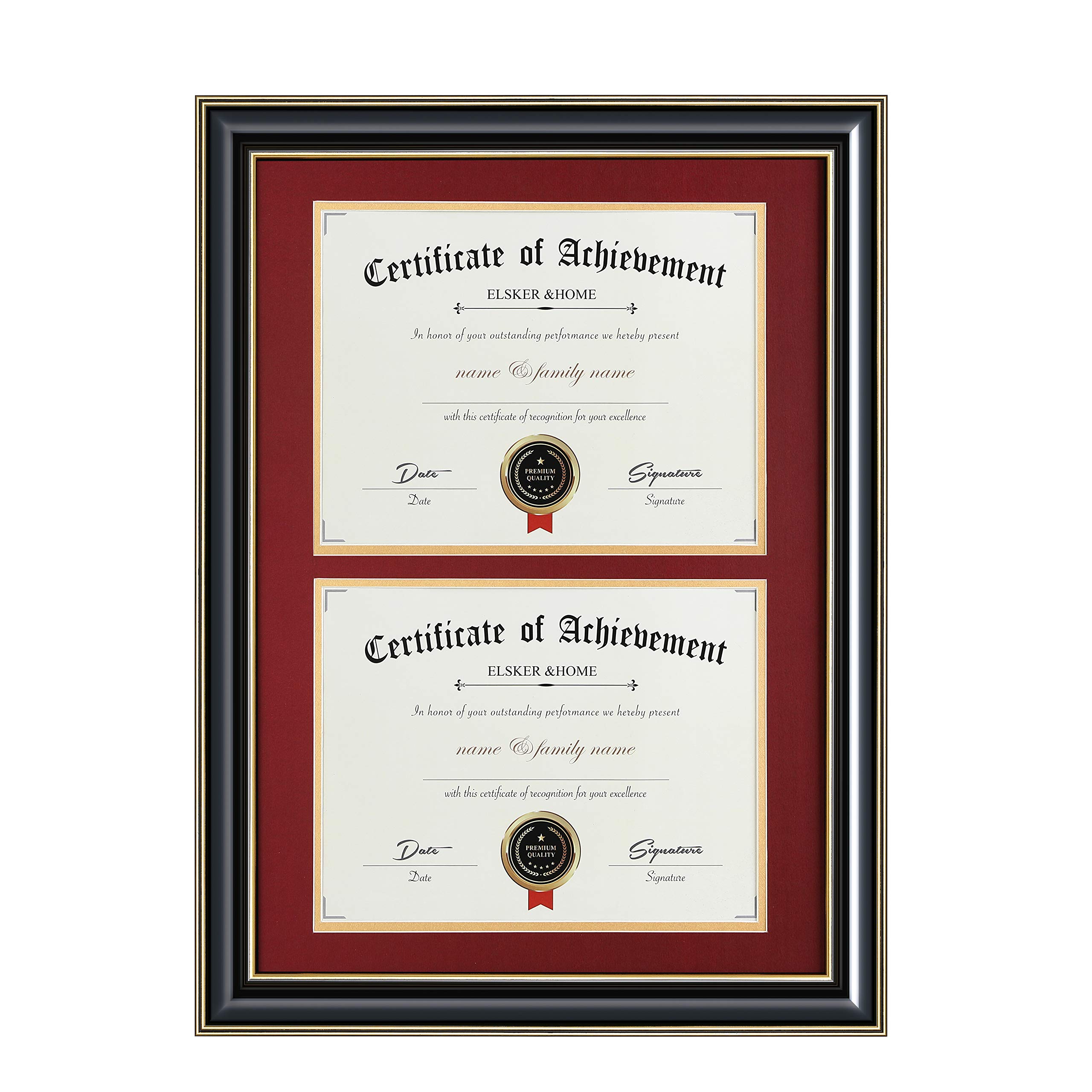 Photo 1 of ELSKER&HOME Double Diploma Frame Wood-Made for Certificates&Document for Two 8.5x11 Inch with Mat and 13.5x20 Inch Without Mat for Documents Certificates (Double Mat, RED Mat with Golden Rim) Black+Red(Golden Rim)Mat Double Diploma Frame
