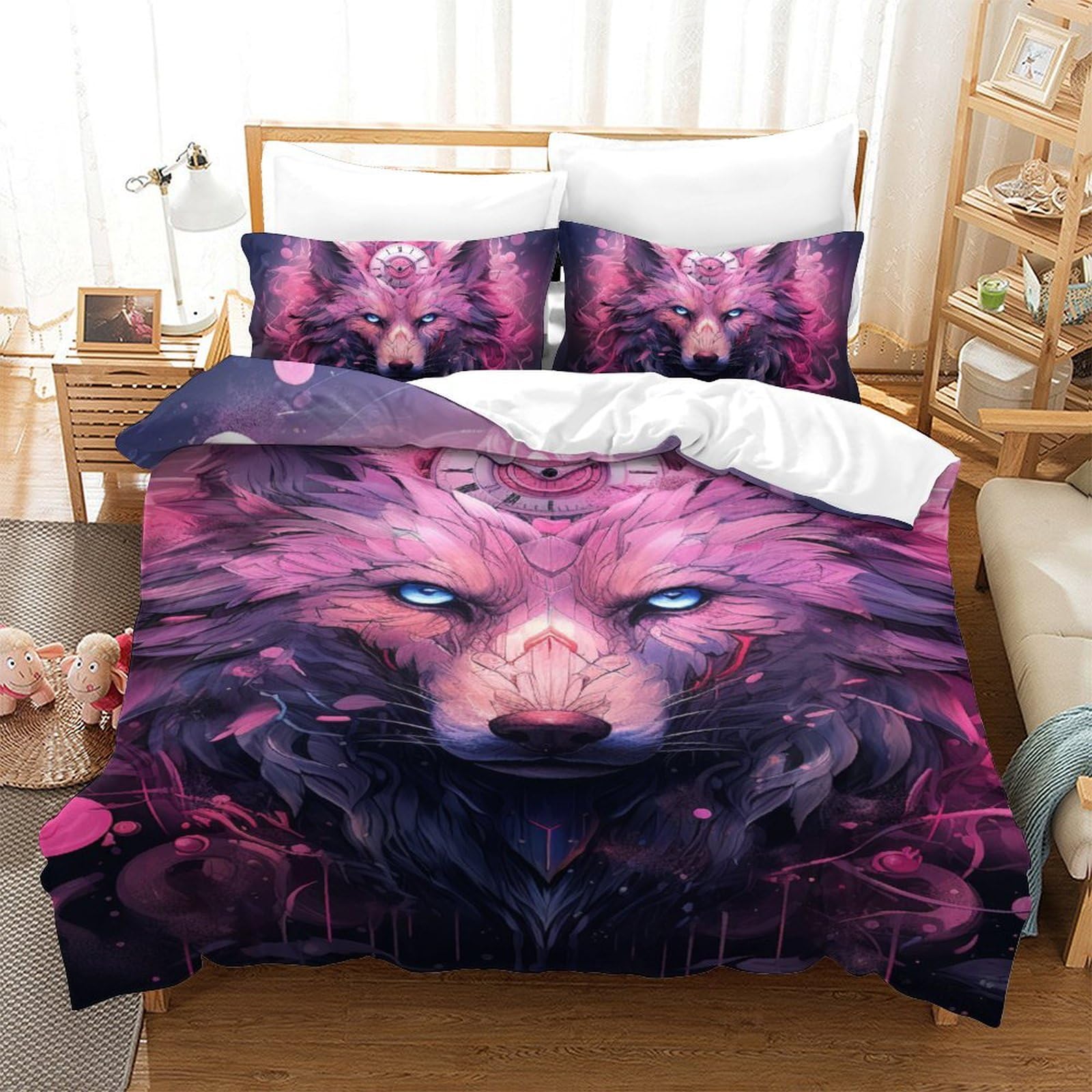 Housse de couette loup 3D microfibre parure de lit 3 pièces抗皱 ultra douce fermeture éclair