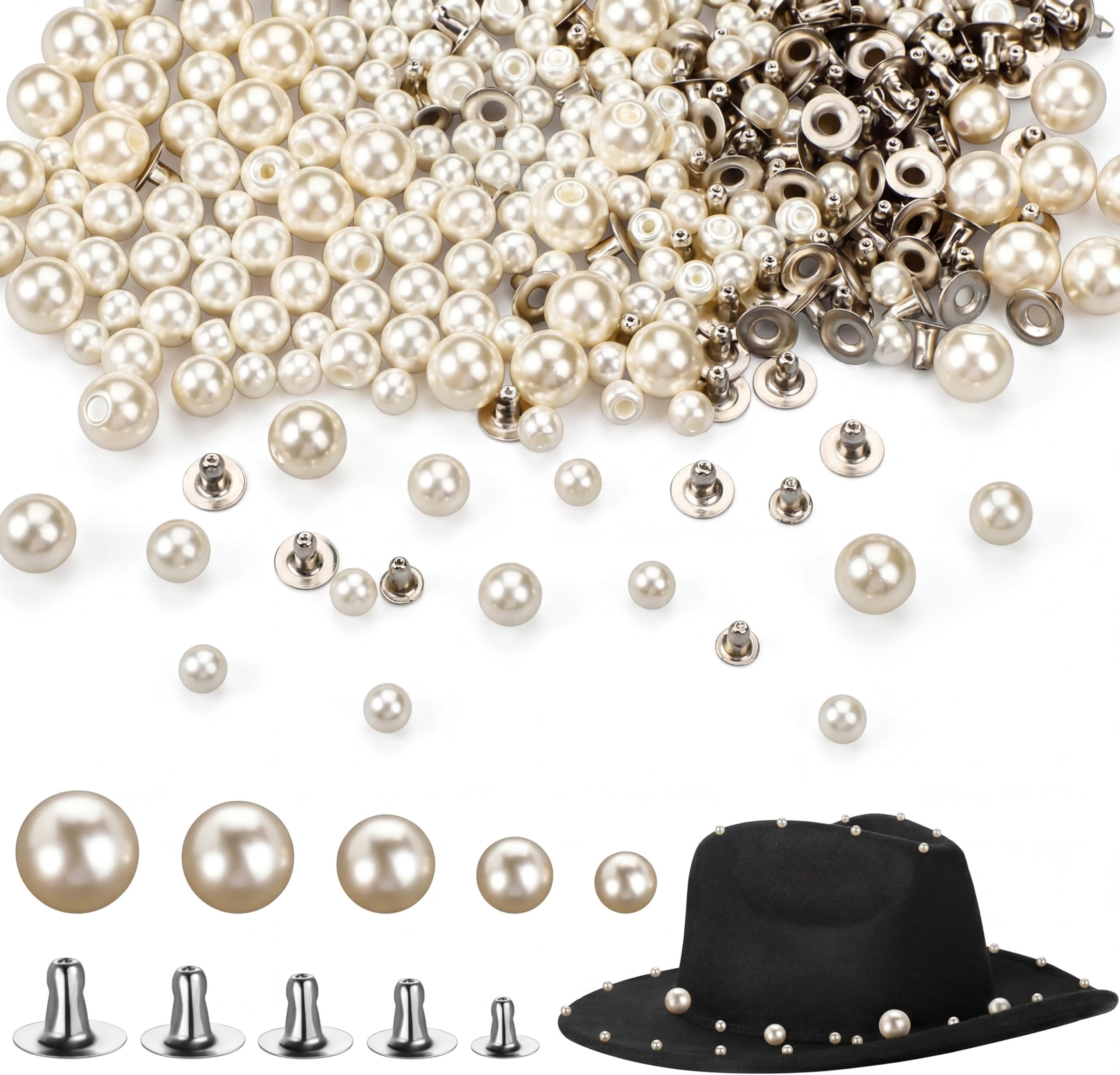 400 Pearls for Clothing Decoration Mix Size Include 200 Rivets for Fabric and 200 Faux Pearls Jean Decor Leather Hat Shoe Clothes Bag Skirt Bridal Veil DIY Accessories, Tool Fix(6mm, 8mm, 10mm)