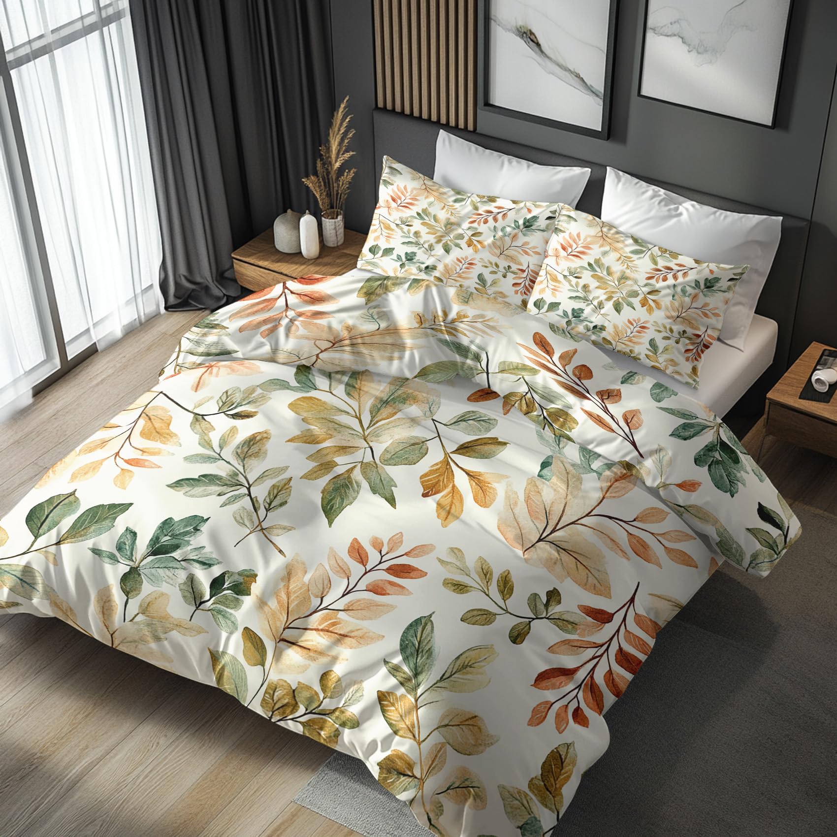 NOGAWA Leaf Bedding Emperor Size - Leaves Duvet Cover, Reversible Quilt Cover & 2 Pillowcases with Zip and Ties, Ultra Soft and Breathable Brushed Microfibre Bed Set