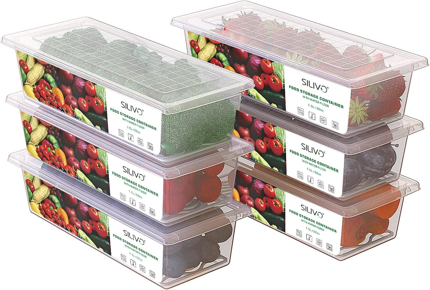 Produce Saver Containers for Refrigerator (6 Pack) - 1.5L Fruit Storage Containers for Fridge, Vegetable Storage Containers with Drain Tray Keep Fresh for Veggie, Fruit, Lettuce and Salad