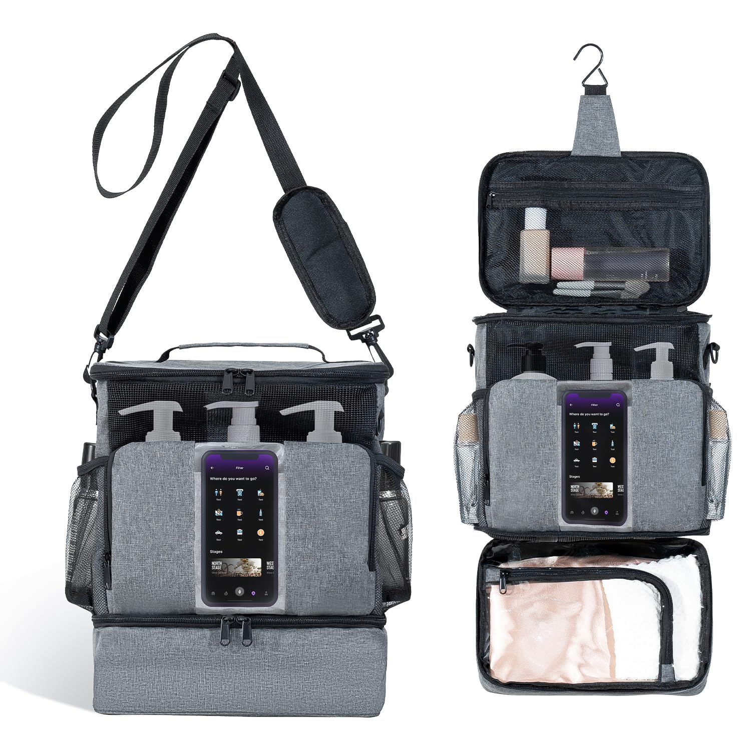 WHCPCYO Grey Portable Mesh Shower Organizer Hanging Toiletry Bag with Handles Strap Quick-Dry for Bathroom Gym Travel Camping
