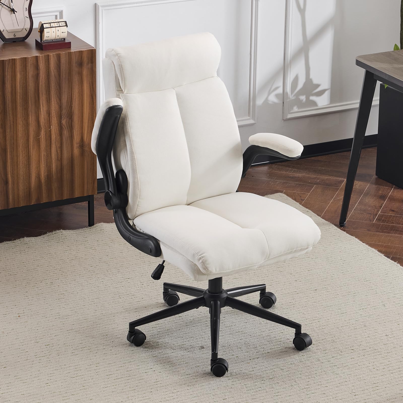 Bonnlo Silla de Escritorio con Reposabrazos Plegable, Silla de Oficina ergonómica, Silla giratoria, Regulable en Altura y Función de Inclinación, Oficina en Casa (Lino, Blanco)