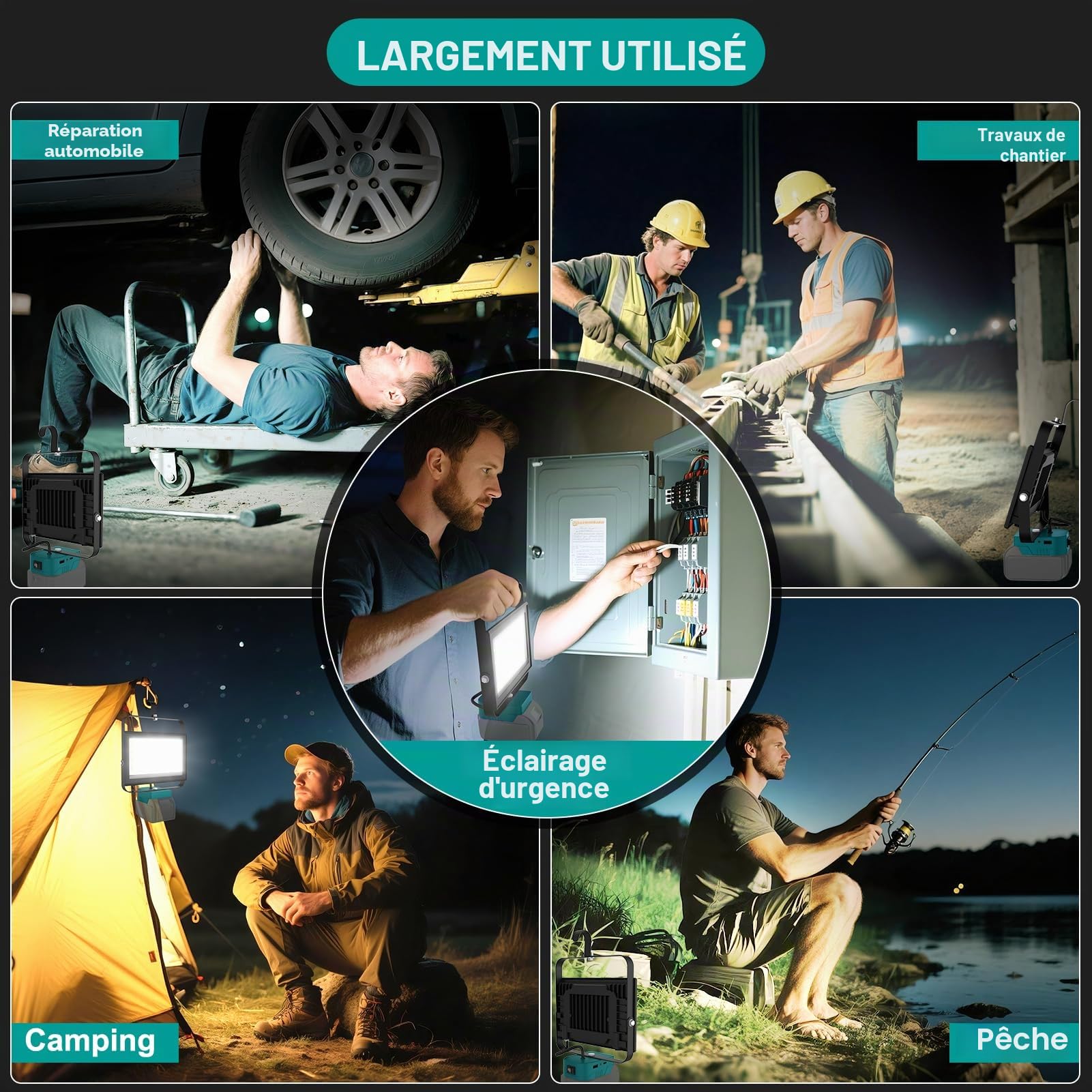NATPOW Projecteur LED Compatible avec Makita 18V, 100W 6500LM Lampe de Chantier, 2 Modes 6000K Phare avec Type C et USB pour Chantier, Garage, Camping, Pêche, Sans Batterie