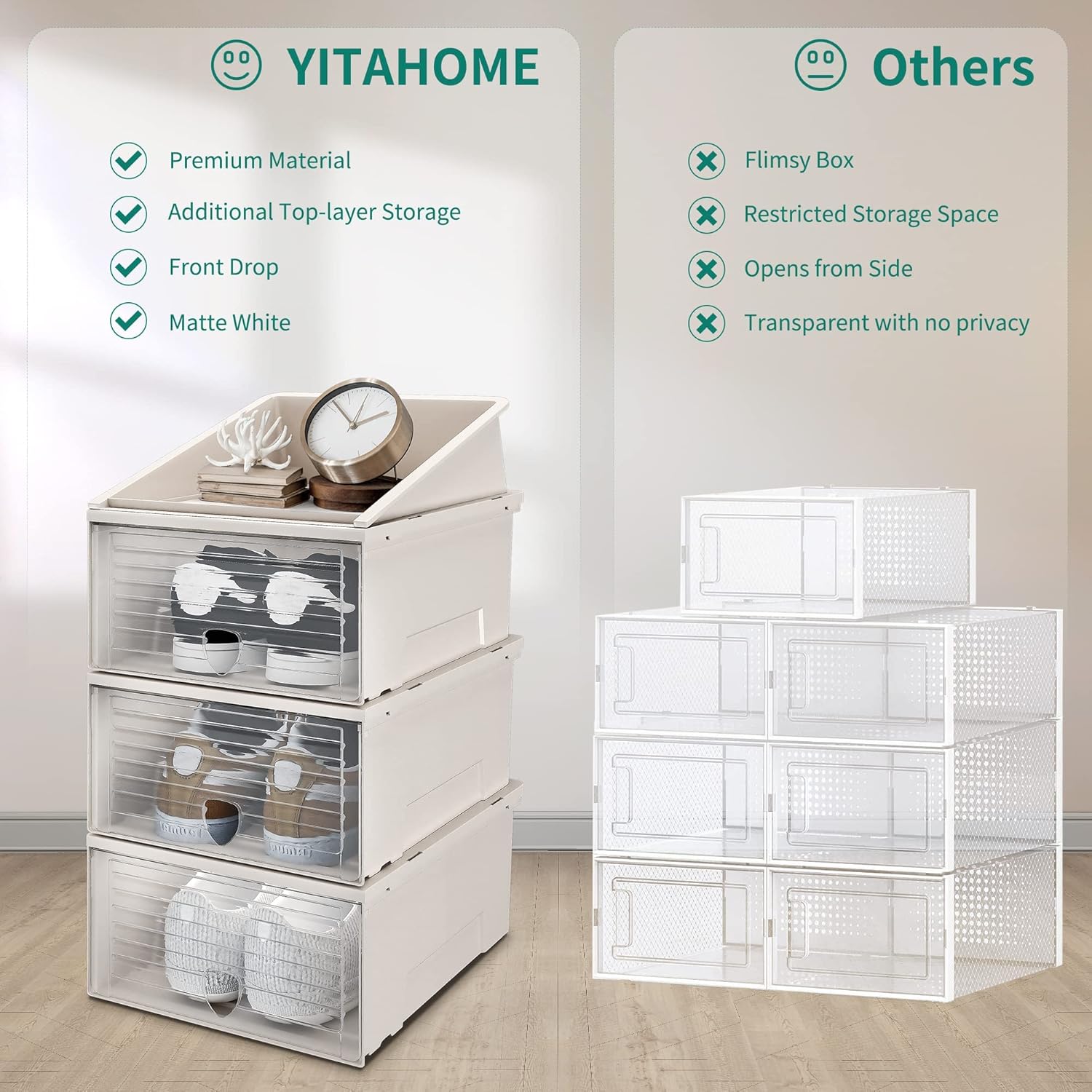YITAHOME Shoe Storage Box, Set of 10 Shoe Storage Organizers Stackable Shoe Storage Box Rack Containers Drawers