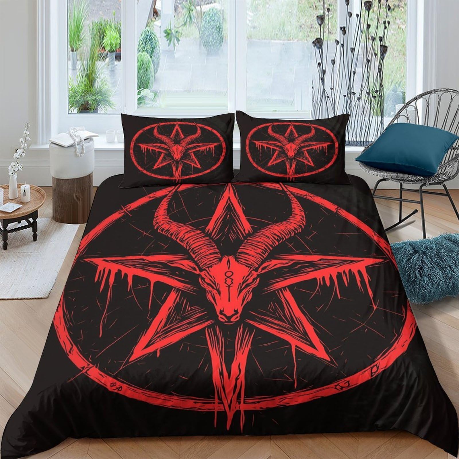 Ctjqhvkz Style-4 3D Printed Red Pentagram Fitted Sheet Microfiber Gothic Goat Skull Bed Cover Anti-Slip Washable For Bedroom Decor Single（135X200cm）