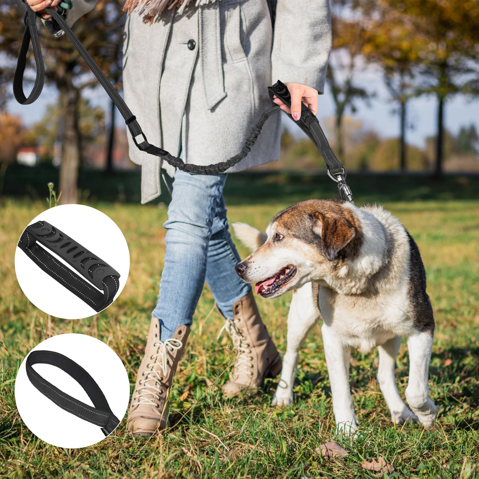 Correa táctica resistente para perro, correa elástica para perro de 4 a 6 pies, reflectante militar, fuerte, sin tirones, con 2 asas acolchadas y cinturón de seguridad de coche para perros