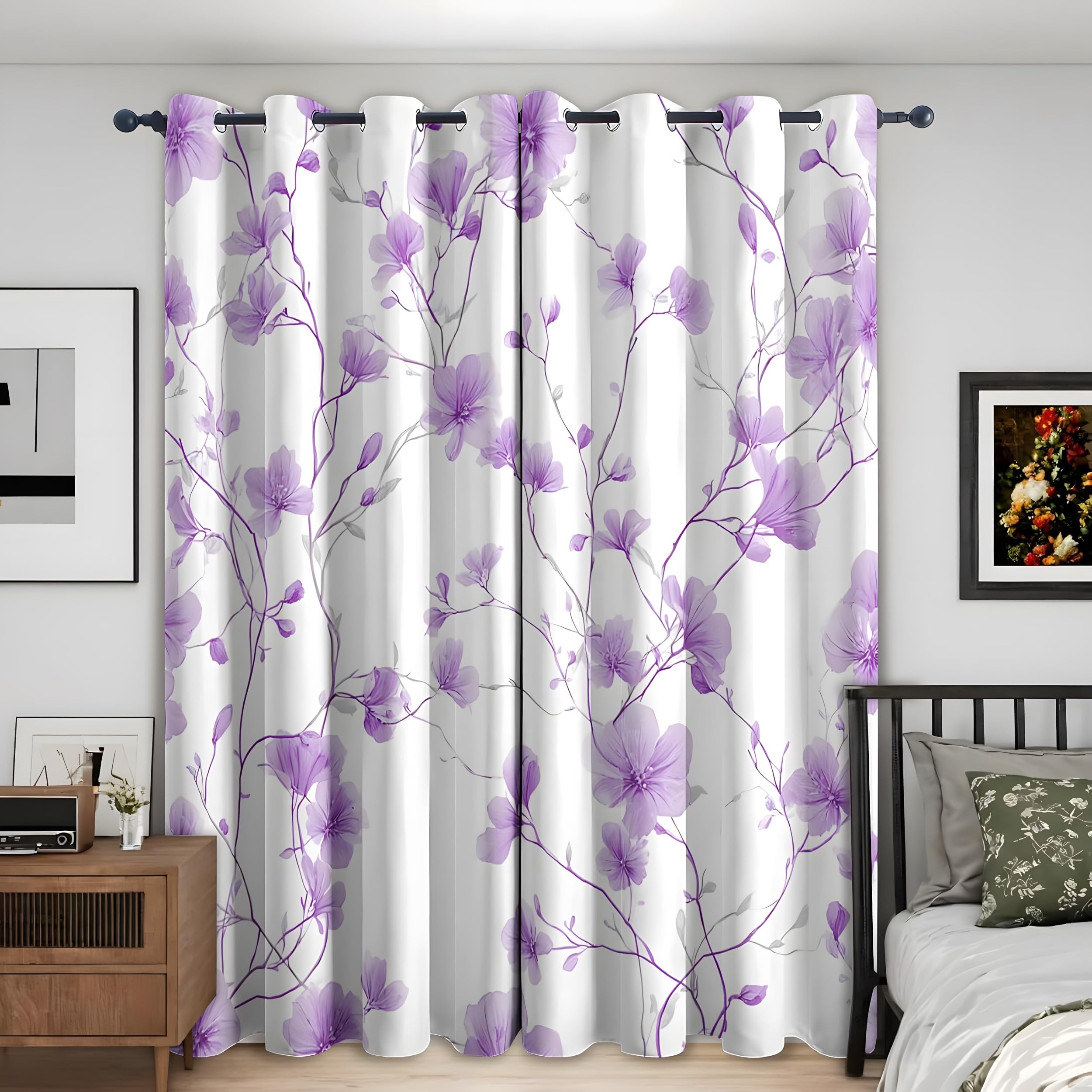YZQGLHP Purple Flowers Curtains, W 66" x L 90" (168 x 228 cm), Minimalist Style Blackout and Heat-Insulating Curtains, Curtain 2 Pieces in a Pack, Suitable for Bedrooms and Living Rooms