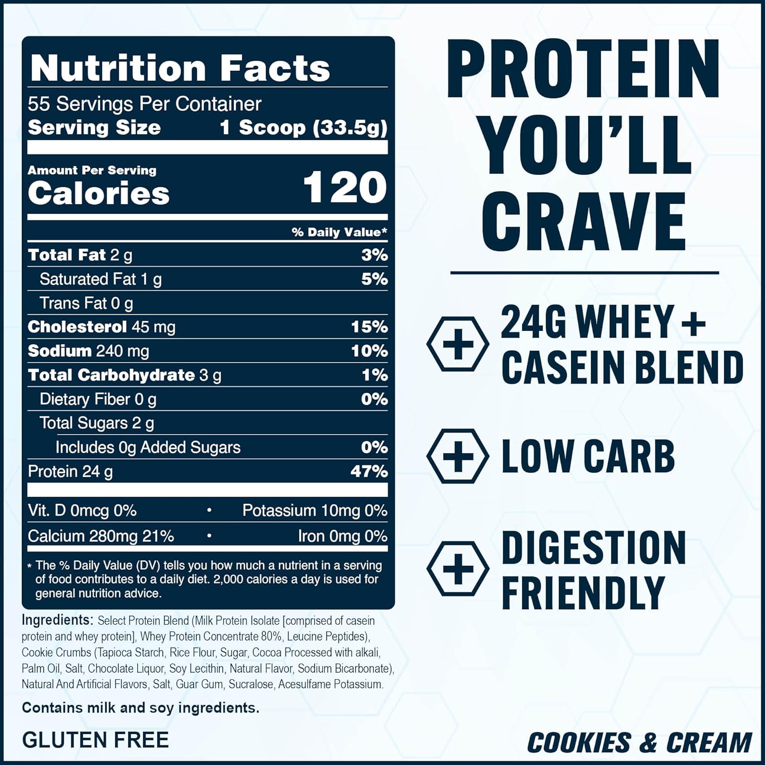 PEScience Select Protein Powder, Whey and Casein Blend, Lean Protein Powder for Women and Men, Low Calorie, Low Carb, Keto Friendly, Gluten Free, Cookies and Cream - 55 Servings
