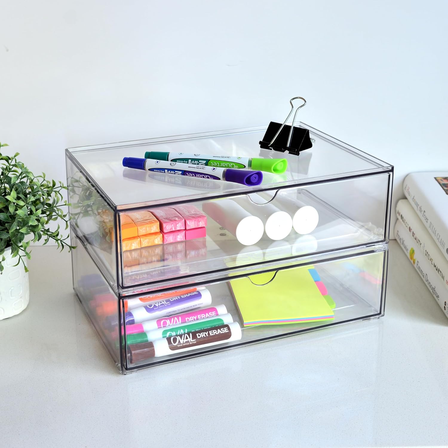 Youngever 2 Pack Stackable Office Drawer Organizers, Office Desk Organizers, Clear Stationery Organizers (12 x 7.5 x 3.5 inch)