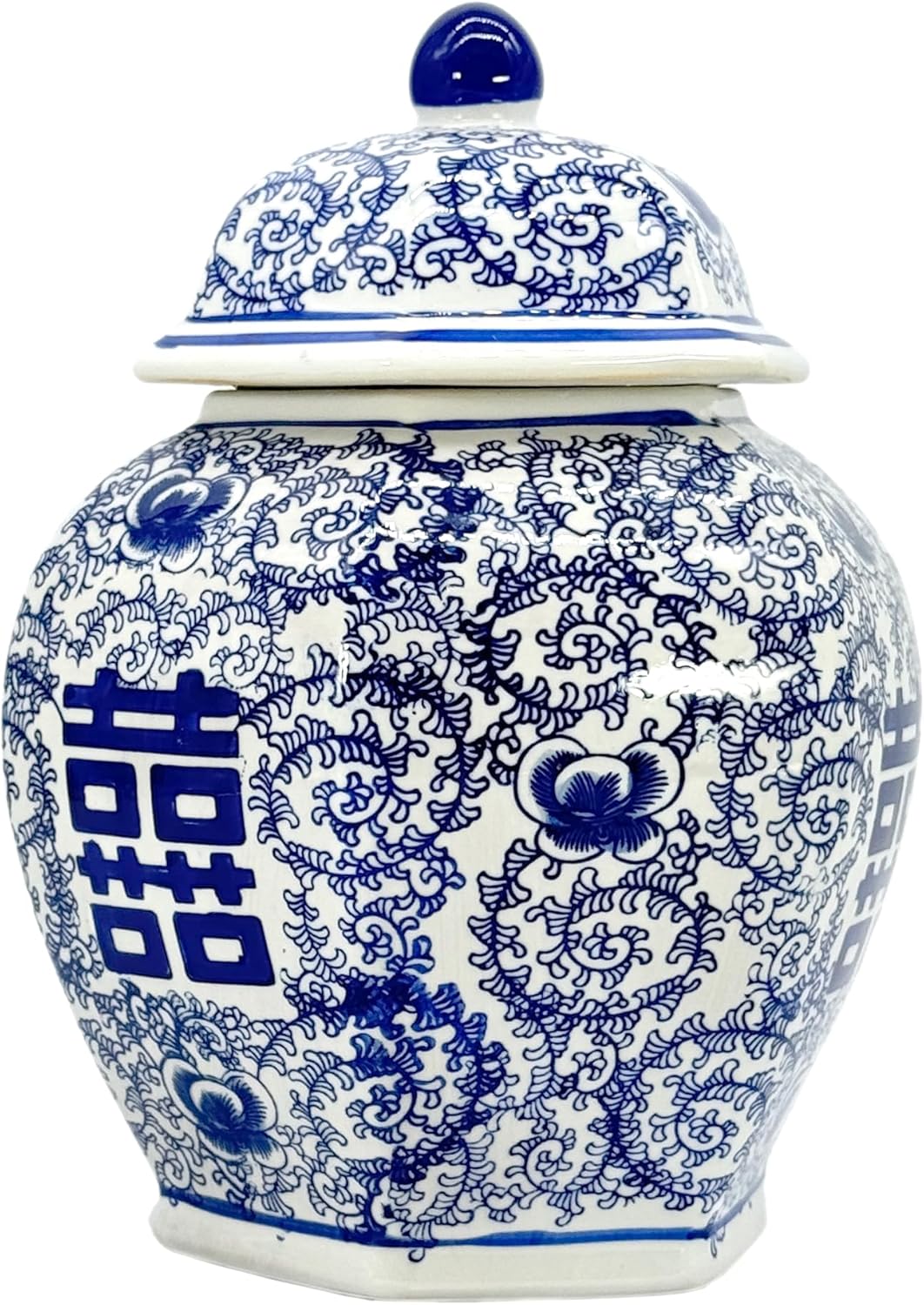 Galt International 12" Blue & White Chinoiserie Traditional Chinese Floral Happiness Ginger Jar Ceramic Porcelain Vase Home Decor