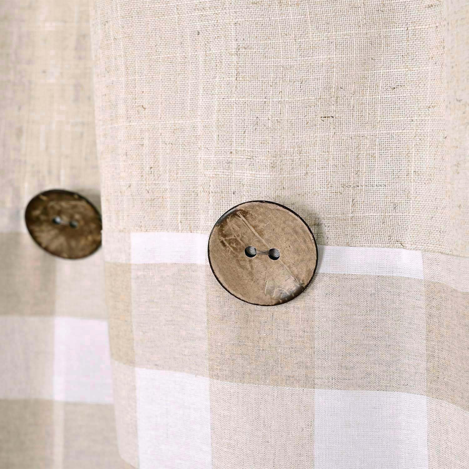 DOSLY IDÉES Linen Button Farmhouse Shower Curtain,Linen and Cotton Fabric,Pleated Brown and Beige Plaid Checked Pattern,Country Style,72x72 in