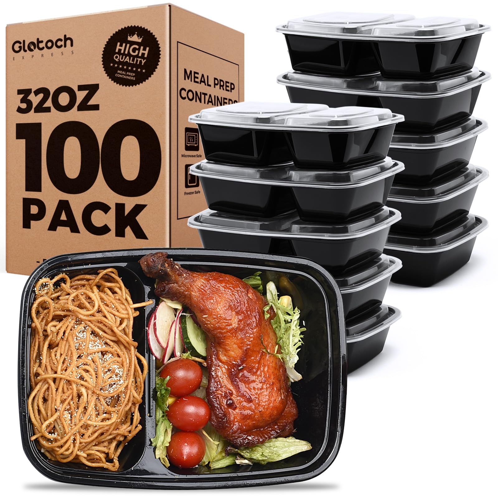 Photo 1 of 100 Pack (200-Piece)32 oz Meal Prep Containers,2-Compartment Reusable Food Storage Containers with Lids,Microwave Freezer Dishwasher Safe,Sturdy Leakproof&BPA Free Bento Box for To Go Take Out