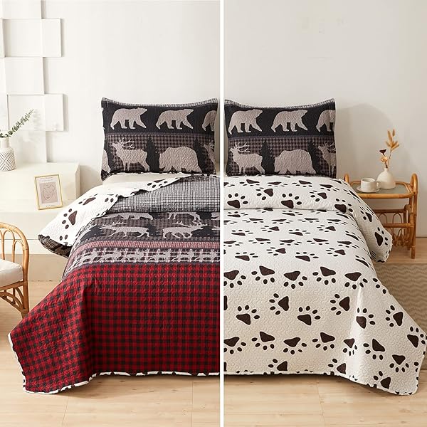Moose Bear Rustic Quilt Set Twin Size, Cabin Bedspread Bedding Set, Lodge Lightweight Breathable Coverlet Set for All Season, Red