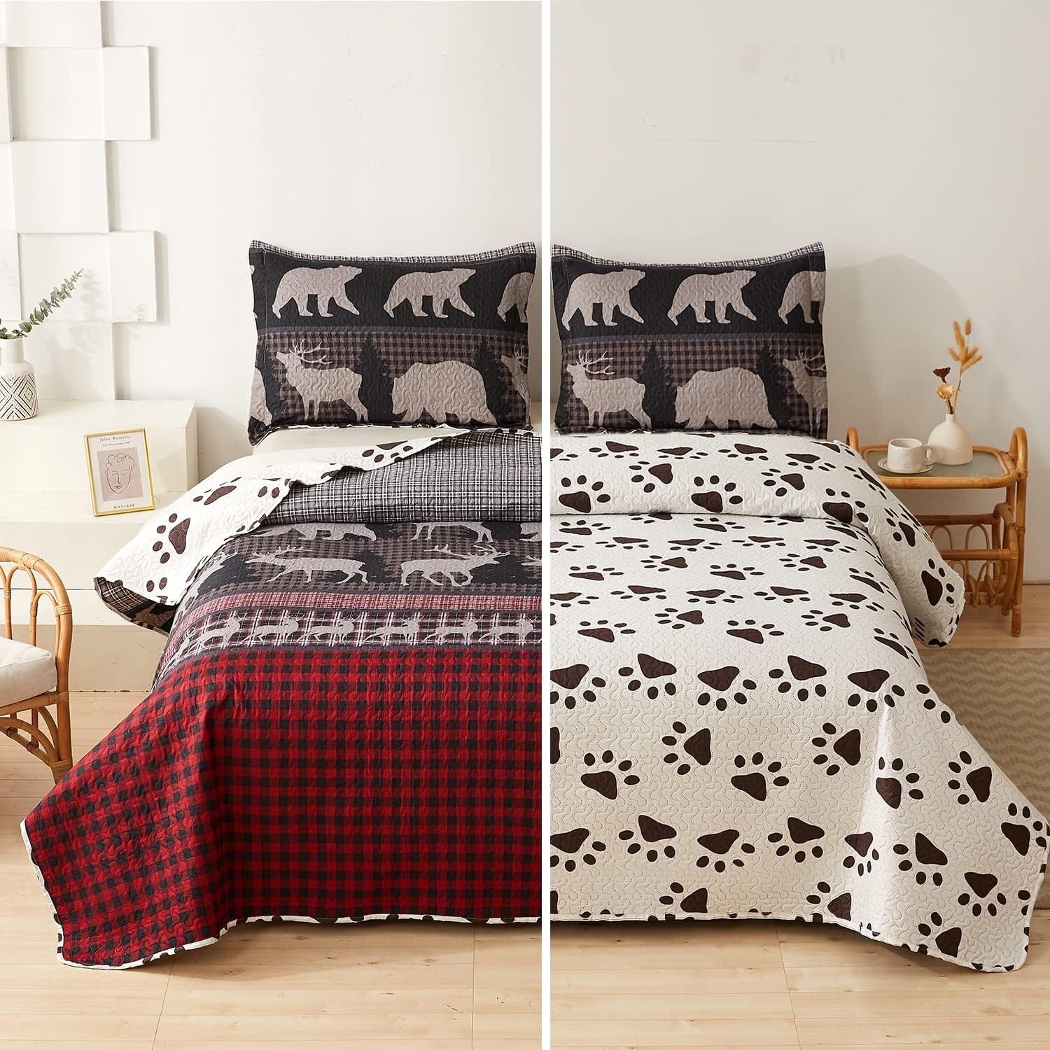 Moose Bear Rustic Quilt Set Queen/Full Size, Cabin Bedspread Bedding Set, Lodge Lightweight Breathable Coverlet Set for All Season, Red