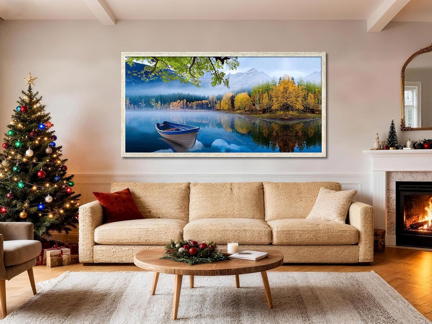 Arjun Lake Canvas Wall Art for Living Room Blue Mountain Picture Bedroom Sky Nature Landscape Boat Artwork Modern Scenic Nature Painting Framed Home Office Wall Decor, Extra Large Wood Framed 58"x29"
