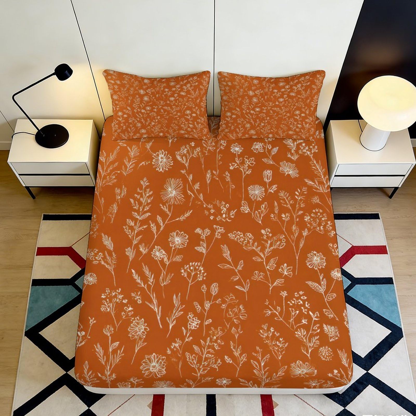 3D Printed Terracotta Floral Fitted Sheet Microfiber Soft Breathable Wildflower Bed Cover for Bedroom Dormitory Guest Room Mattress Protection Decor 180x200x25cm