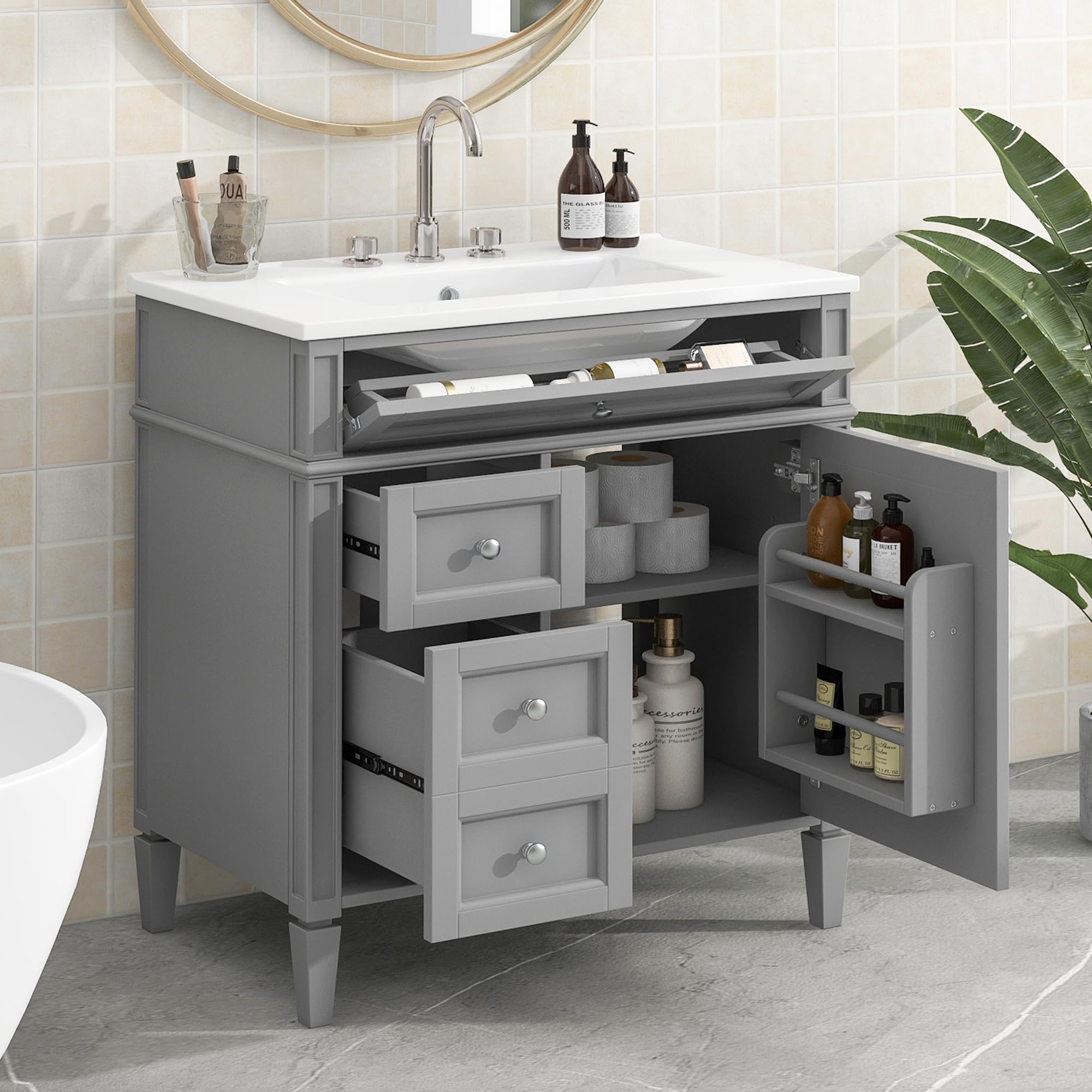 30" Bathroom Vanity with Single Sink Combo, Modern Undermount Bathroom Sink Cabinet with 2 Drawers and a Tip-Out Drawer, Freestanding Bathroom Vanities, Soft Closing, Solid Wood Frame