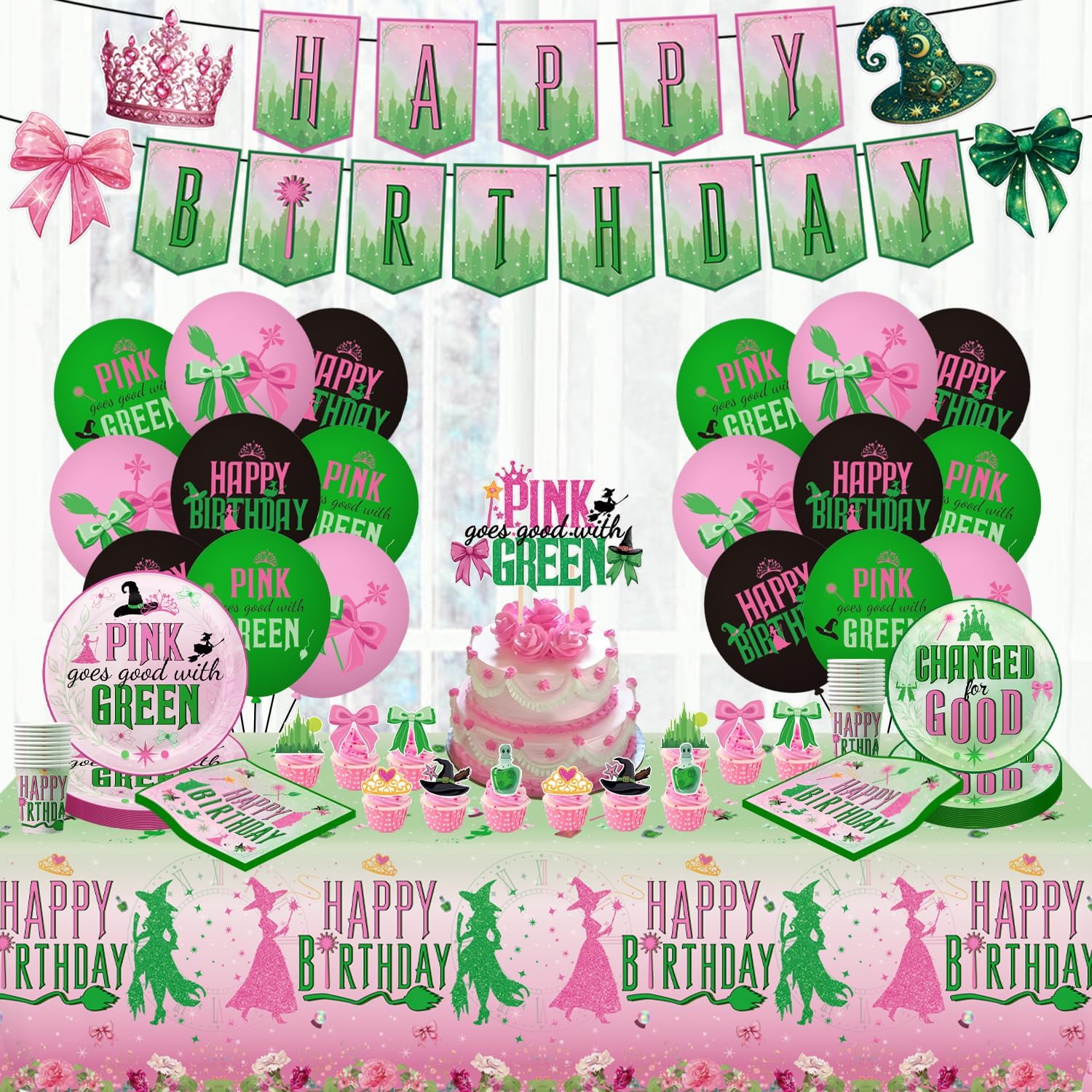Pink and Green Party Decorations Tableware Movie Themed Birthday Party Supplies Include Banner Balloons Plates Napkins Cups Tablecloth Cupcake Toppers and Cake Topper for Witch Birthday Decor Sever 20 - Image 5