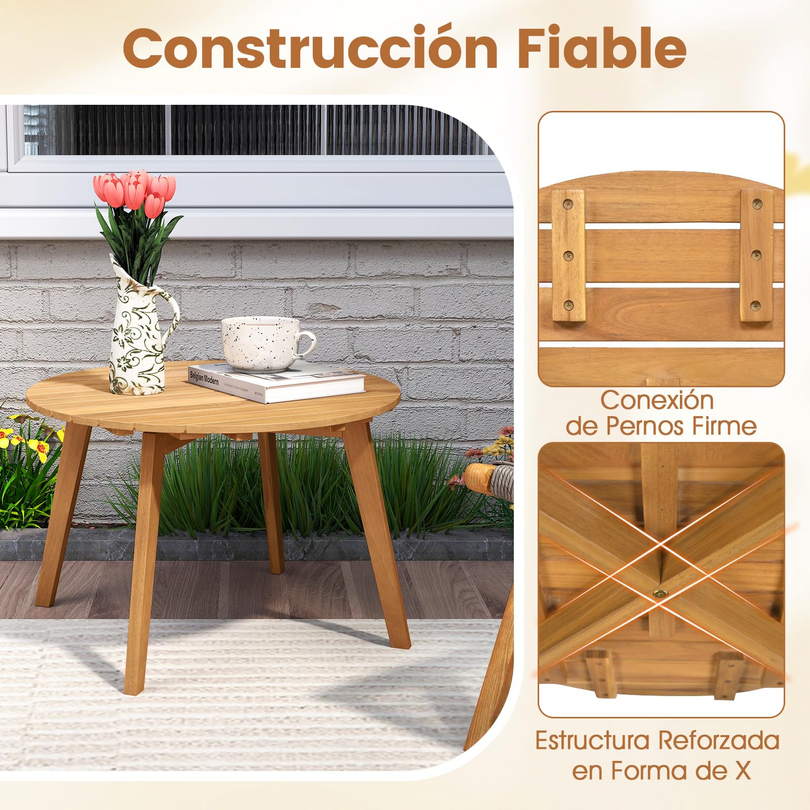 COSTWAY Mesa Auxiliar Redonda de Madera Acacia, 62x 40 cm, Tablero de Listones, Mesita Mesa Baja Jardin Balcon Terraza Exterior Interior Piscina Patio, Natural