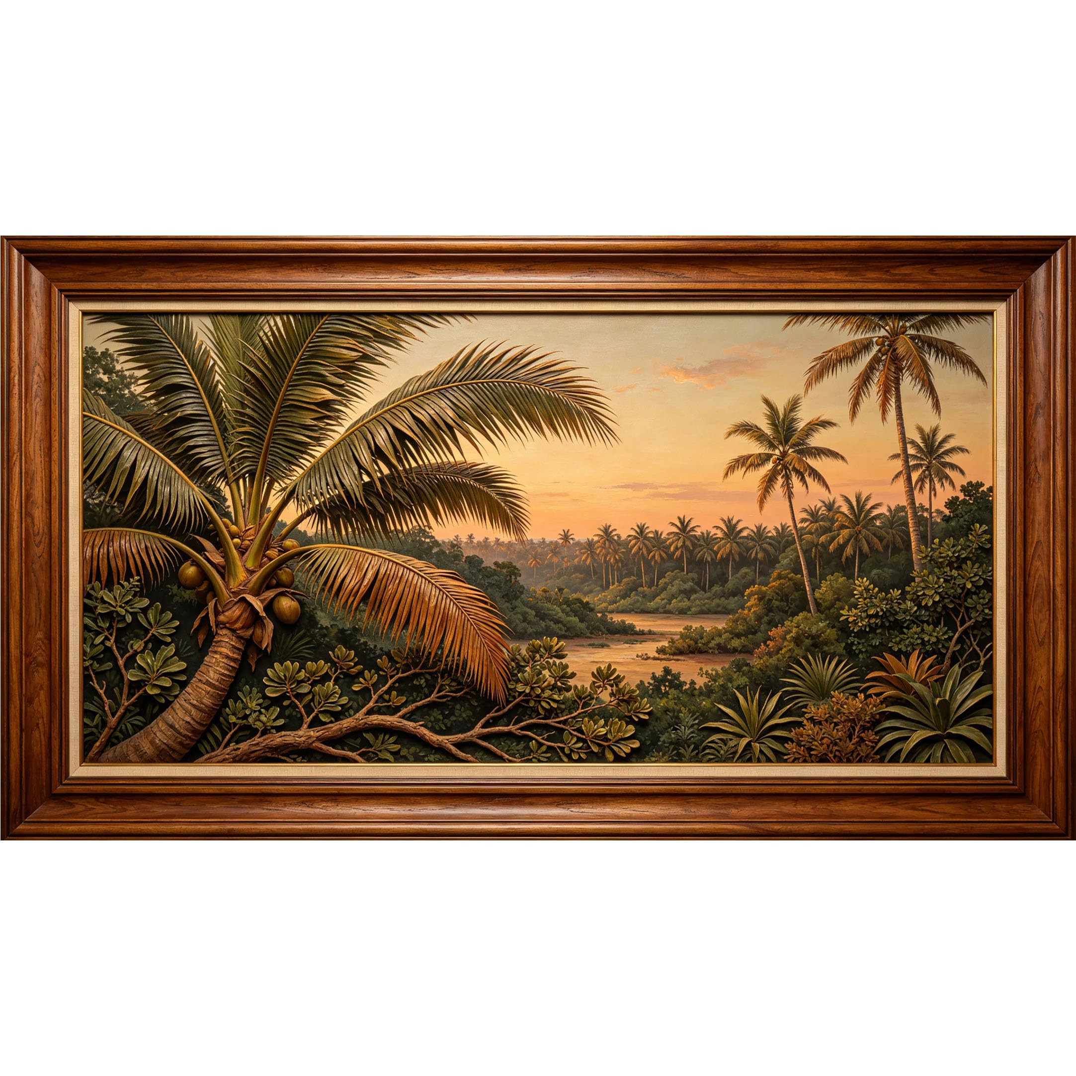 QZLITHOTIC 50x90cm3D Framed Wall Art， Tropical Sunset Palm Landscape Self‑Adhesive Mural， Water‑Activated Peel & Stick Fabric Decor Wall Decal for Bedroom Living Room