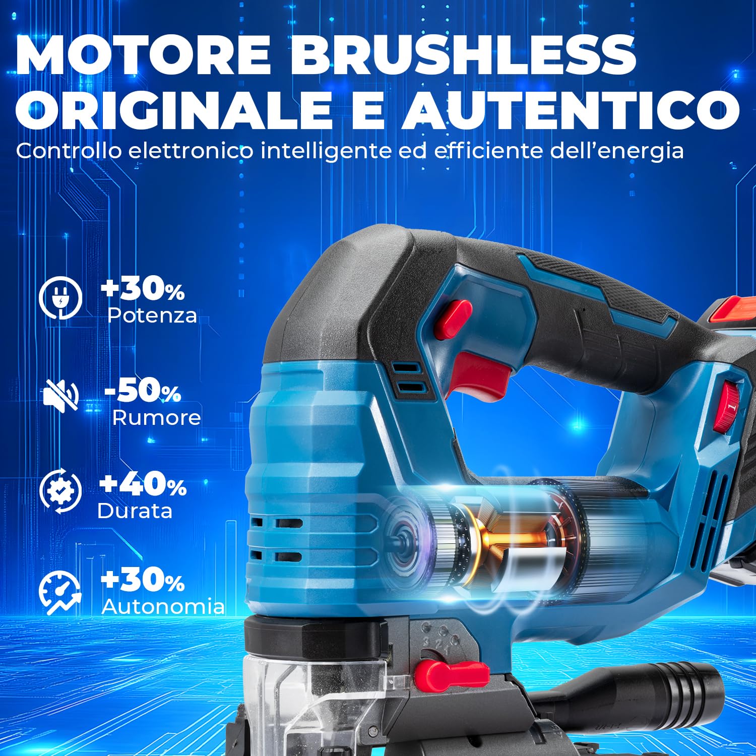Dong Cheng Seghetto Alternativo 18V Senza Spazzole | Pendolo 800-3500 SPM | Taglio 0-45° | 6 Velocità | Con Doppio LED, Soffiatore, Batteria 4Ah, Caricabatteria, 6 Lame & Valigetta