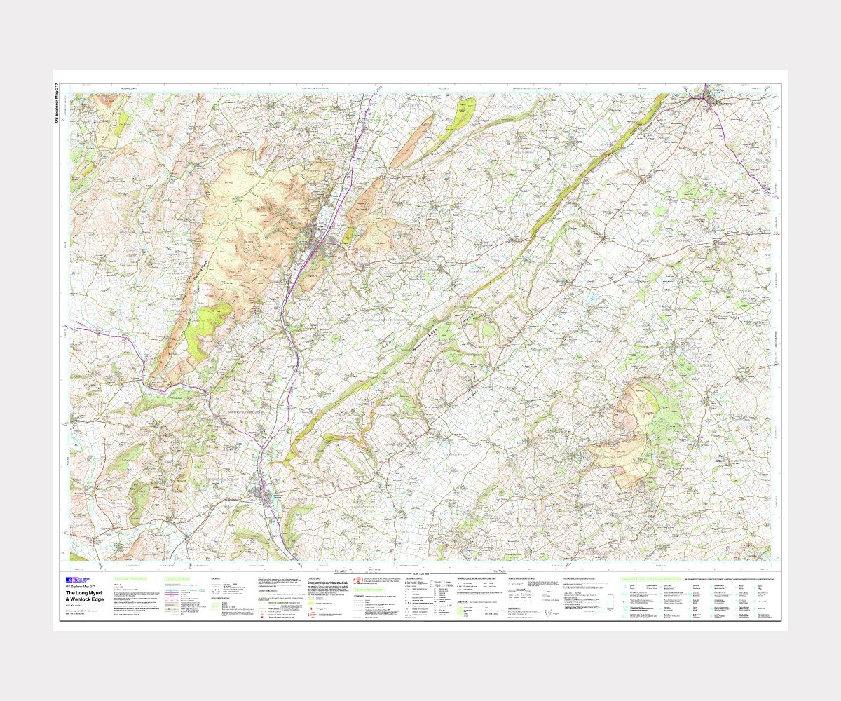 Explorer 217 ~ The Long Mynd & Wenlock Edge ~ Ordnance Survey Laminated Wall Map (approx 95 x 125 cm)