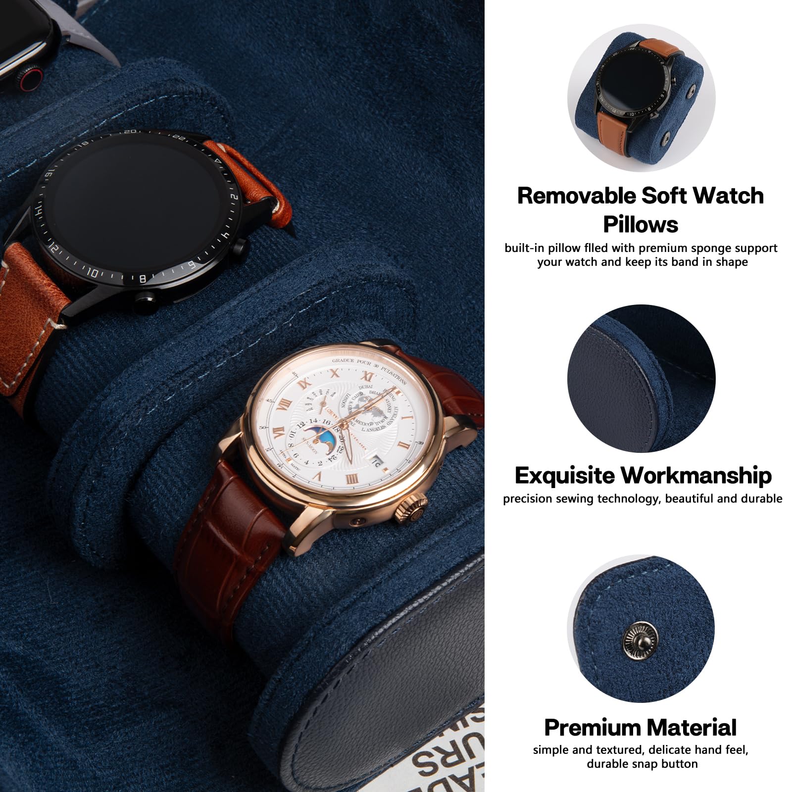 Boîte à montres cylindrique à 3 emplacements - Étui de voyage vintage pour hommes et femmes - Version améliorée bleue